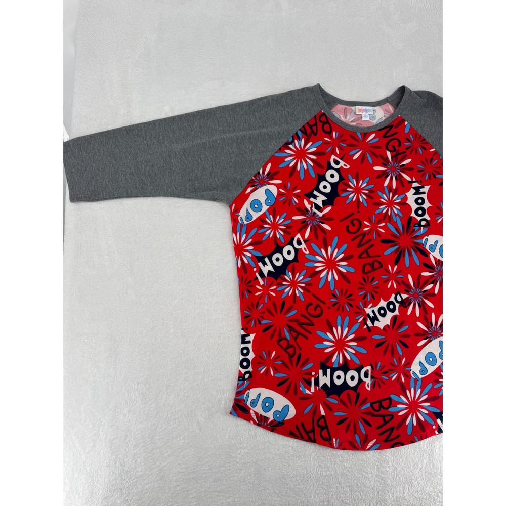 LuLaRoe 4th of July Baseball Tee XL Red Comic Pop Boom Raglan 3/4 Sleeve Shirt - Picture 2 of 6